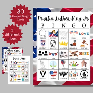 Cartas de bingo de Martin Luther King Jr., jogo de festa MLK para impressão para crianças, adolescentes e adultos, atividade de história americana