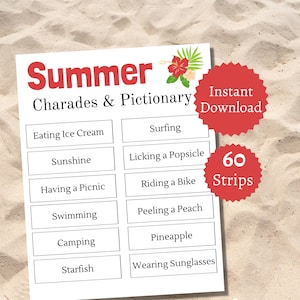 Summer Charades and Pictionary Cards, Printable Summer Game for Kids, Teens, and Adults, Fun Summertime Activity
