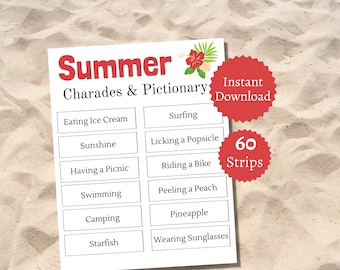 Charadas de verano y tarjetas de Pictionary: juego imprimible de verano para niños, adolescentes y adultos. Una divertida actividad de verano.