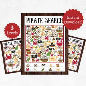 Piraten zoek- en vindspel, afdrukbaar feestspel met piratenthema voor kinderen, telactiviteit in de klas, inclusief 3 niveaus en antwoordsleutel