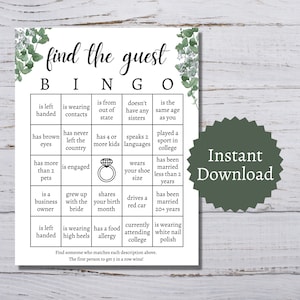 Hochzeit Finde die Gast-Bingokarten, druckbares Hochzeitsfeierspiel für Gruppen, lustige Eheaktivität für Familie und Freunde