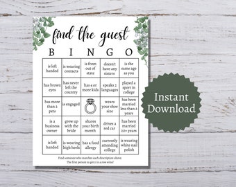 Find the Guest Bingo Wedding, Find the Guest Game, Find the Guest Bridal Shower, Printable Wedding Guest Games