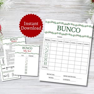 Weihnachts-Bunco-Kartenpaket, druckbares Urlaubspartyspiel für Gruppen, Dezember-Bunco-Score-Karten, enthält ganze und halbe Seiten