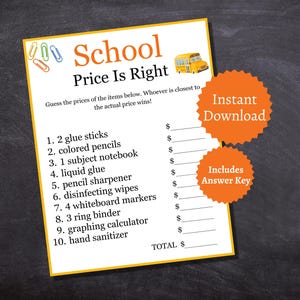 Back to School Price is Right Game, Printable Classroom Activity, School Party Game for Kids, Teens, and Adults