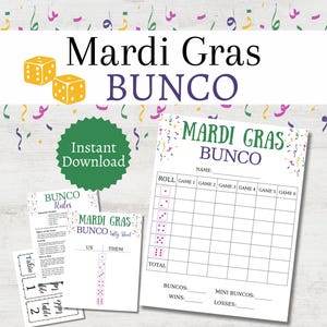 Mardi Gras Bunco, Printable Mardi Gras Party Game, Mardi Gras Activity for Groups, Includes Score Cards, Tally Sheets, and Table Numbers