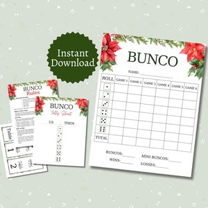 Könnte beinhalten: Ein Satz druckbarer Bunco-Spielbögen mit einem festlichen Poinsettia- und immergrünen Rand. Enthält ein Scoreblatt, Regeln und eine Wertungstabelle. Das Haupt-Scoreblatt hat Platz für sechs Runden und Spielernamen.