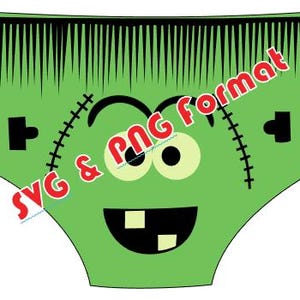Peut inclure: Un dessin animé vert de couche-culotte avec un visage de monstre de Frankenstein. Le design comprend des cheveux noirs, des cicatrices cousues et un large sourire avec des dents carrées. Le texte "SVG & PNG format" est imprimé en rouge.