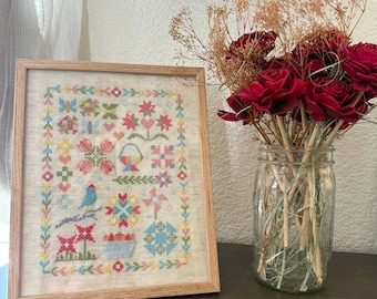 Muestrario de primavera cosido a mano, bordado floral de pájaros de arte popular, decoración de pared estilo cottagecore (8.5"x11")