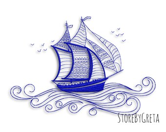 Puede incluir: Un dibujo de línea azul de un velero con una vela estampada, navegando en un mar ondulado. El dibujo está sobre un fondo blanco.
