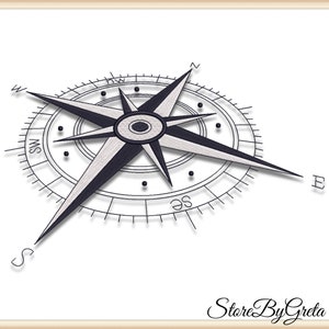 May include: A black and white compass with a detailed design. The compass has a star-shaped needle with four points and a circular outer ring with markings for the cardinal directions.