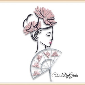 May include: Line art illustration of a woman with pink flowers in her hair, holding a fan with pink flowers on it. The text "Store By Greta" is at the bottom of the image.