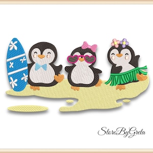 Beach penguins embroidery design tropical holiday PES digital pattern