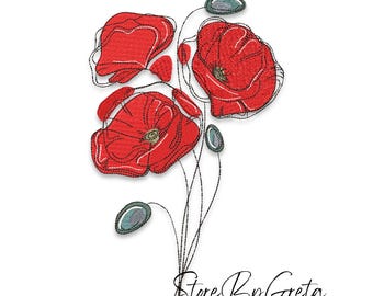 Poppies embroidery machine design floral pes file digital download