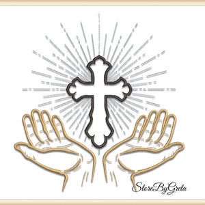 Church logo embroidery machine design glowing cross with hands