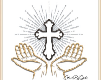 Church logo embroidery machine pe design pes glowing cross with hands