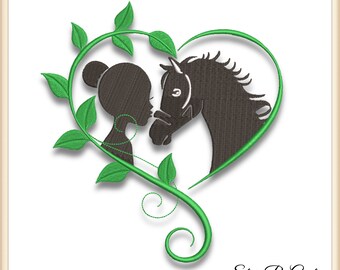 Horse and Girl Embroidery Design Floral Heart PES File
