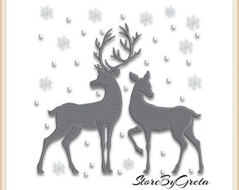 May include: Two gray deer silhouettes on a white background with a scattered pattern of small white dots and snowflakes. The deer are facing different directions. The text "StoreByGreta" is at the bottom of the image.