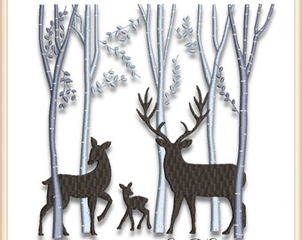 May include: Embroidered design of a family of deer standing in a birch tree forest. The deer are brown and the trees are blue and white.