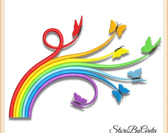 May include: A rainbow arc with a swirl at the end, with colorful butterflies flying off of it. The butterflies are red, yellow, blue, green, and purple.