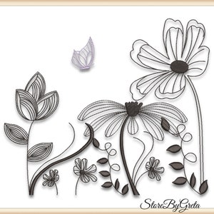 May include: Black and white line art embroidery design featuring a butterfly and stylised flowers. The design includes a large flower with a centre circle, smaller flowers, and leaves.