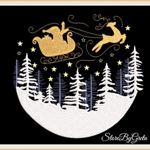 May include: Embroidered design of Santa Claus in a sleigh pulled by a reindeer flying over a snowy forest with stars in the night sky. The design includes the text "StoreByGreta".