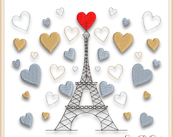 May include: A black and white outline of the Eiffel Tower with a red heart on top. Surrounding the tower are various hearts in different colors, including gold, blue, and white.