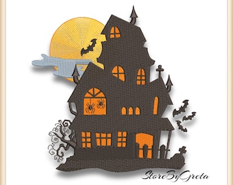 Haunted House Embroidery Design Halloween Pumpkin PES Pattern Digital Download