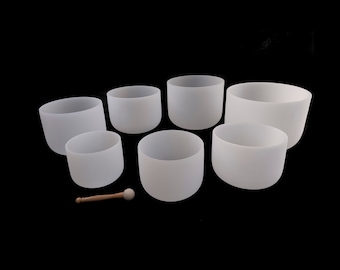 Set of 7 Frosted White Quartz Crystal Singing Bowls - 6''-12'' - 432Hz With Purple Carry Bags