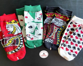 JR Monster Poker Socks Set of 4 | King Queen Jack socks | Poker Card Player| Card Play Ankle Socks | Joker Poker Face | Casino Socks