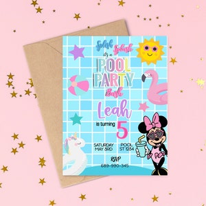 Minnie Mouse Pool party invitation, kids&#39; birthday invitation template, Digital download, pool birthday, party invitation, digital invite