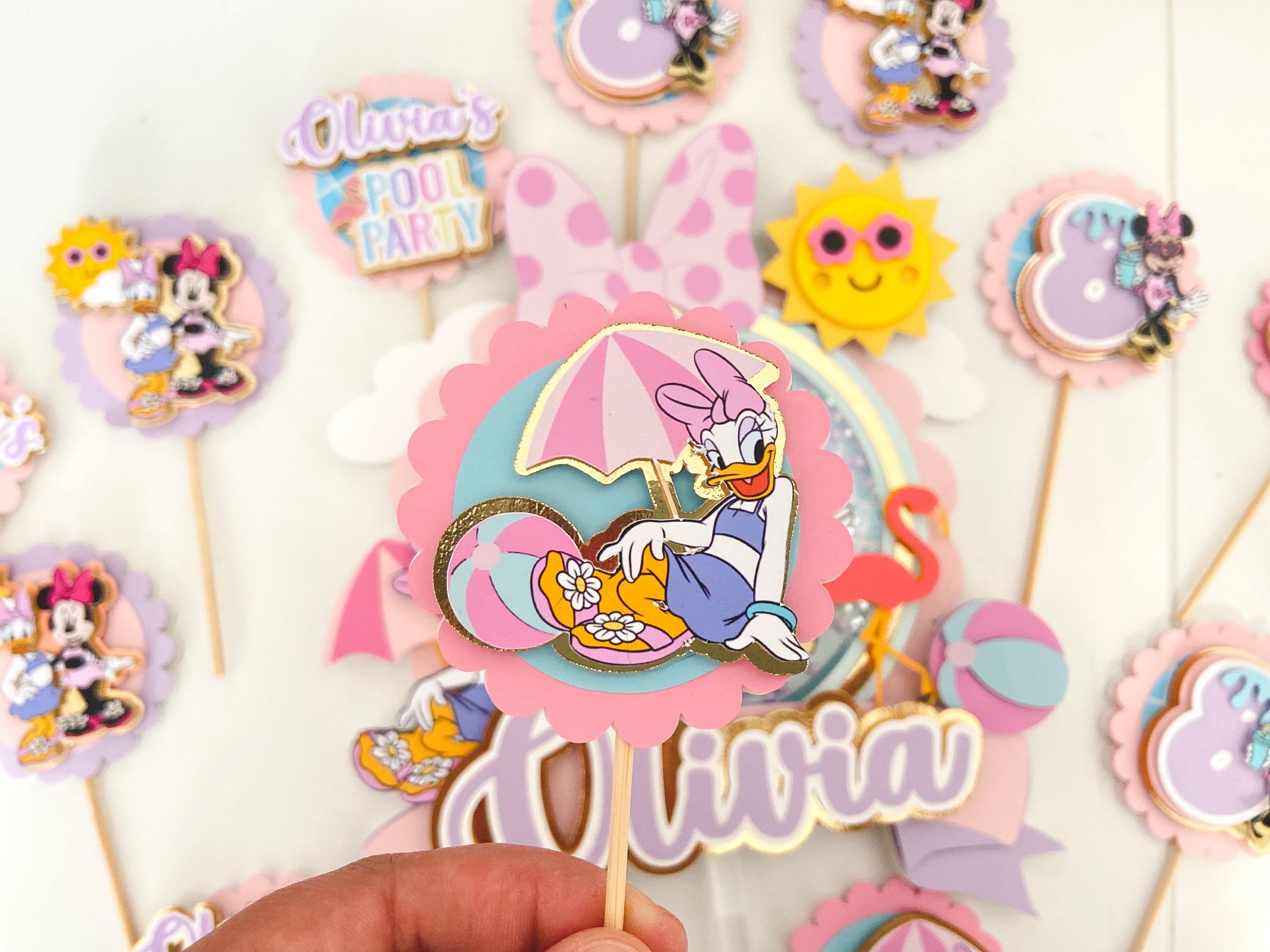 Minnie pool party cupcake toppers Minnie Mouse birthday cupcake decor Minnie and daisy birthday cupcake toppers