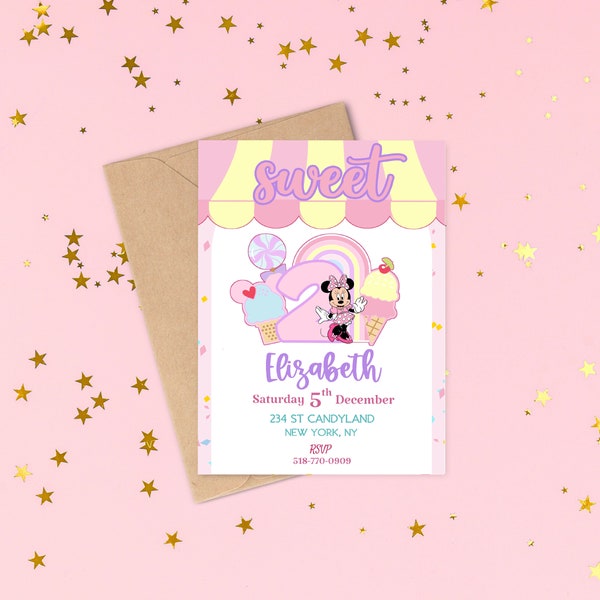 Pays des bonbons Minnie mouse, modèle d'invitation d'anniversaire pour enfants, téléchargement numérique, anniversaire pays des bonbons, invitation à une fête sucrée, invitation numérique