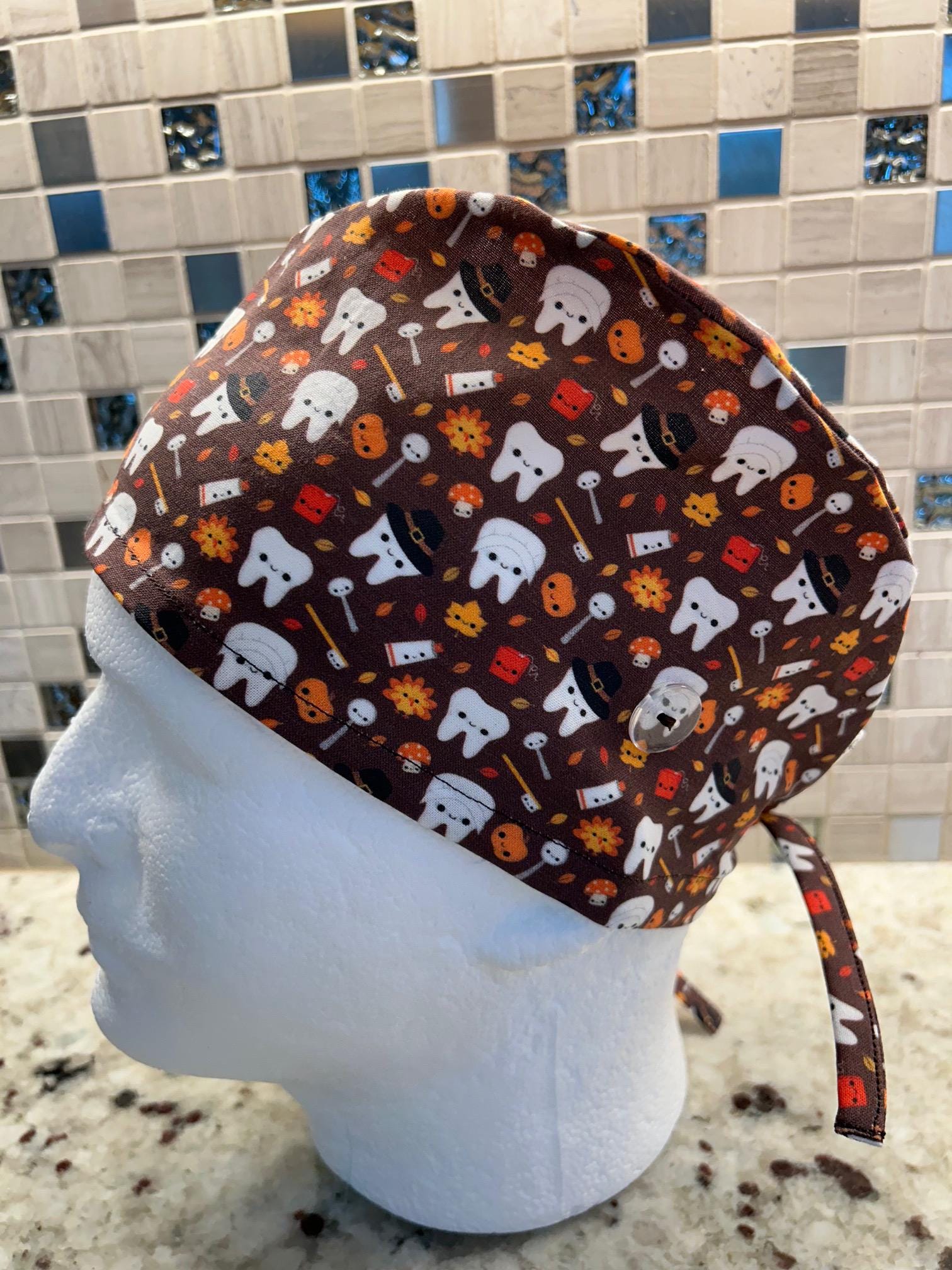 Happy Thanksgiving Teeth on Brown Dental Scrub Cap