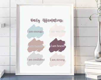 Dagliga affirmationer, tryck, Jag är tillräcklig, modig, stark (digital nedladdning)