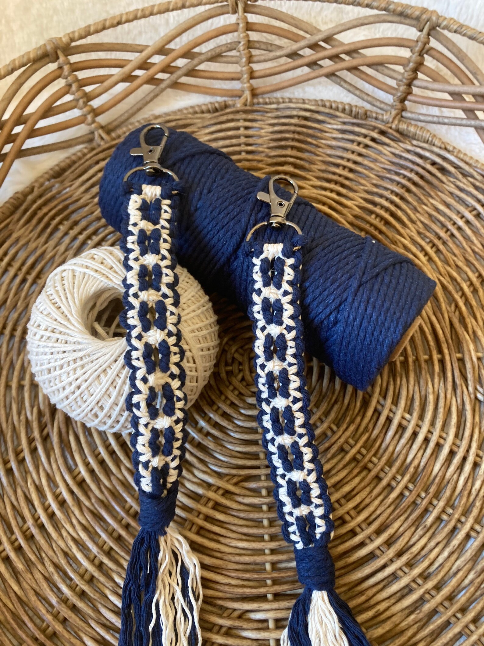 Macrame Keychain Keychains Blue and Beige Keychain Boho Etsy