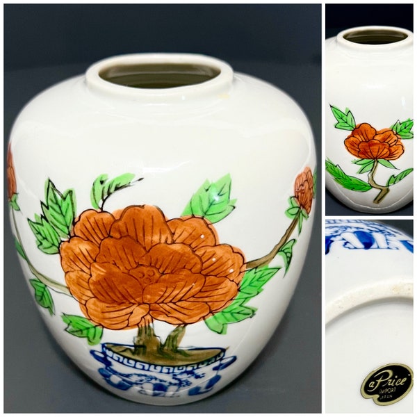 Vintage Floral Vase A PRICE IMPORT Japan Red Orange Flower Blue Dragon 5" 1970s - Free Shipping in the US!