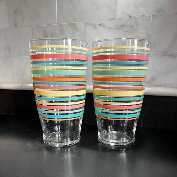 Giant Pastel Stripe Glass Tumblers, Set of 2 Vintage 24 Ounce Glasses,  Prefect for Summer Beverages