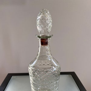 Vintage Clear Glass Decanter in Quilted Diamond and Ribbed Pattern with Diamond Pattern Glass and Cork Stopper Liquor Decanter