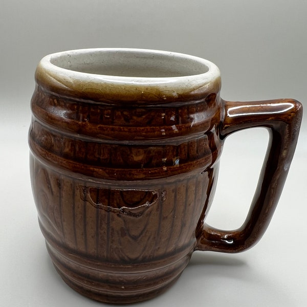 Brown Pottery Mug, Faux Wooden Barrel Mug, Vintage Coffee Cup