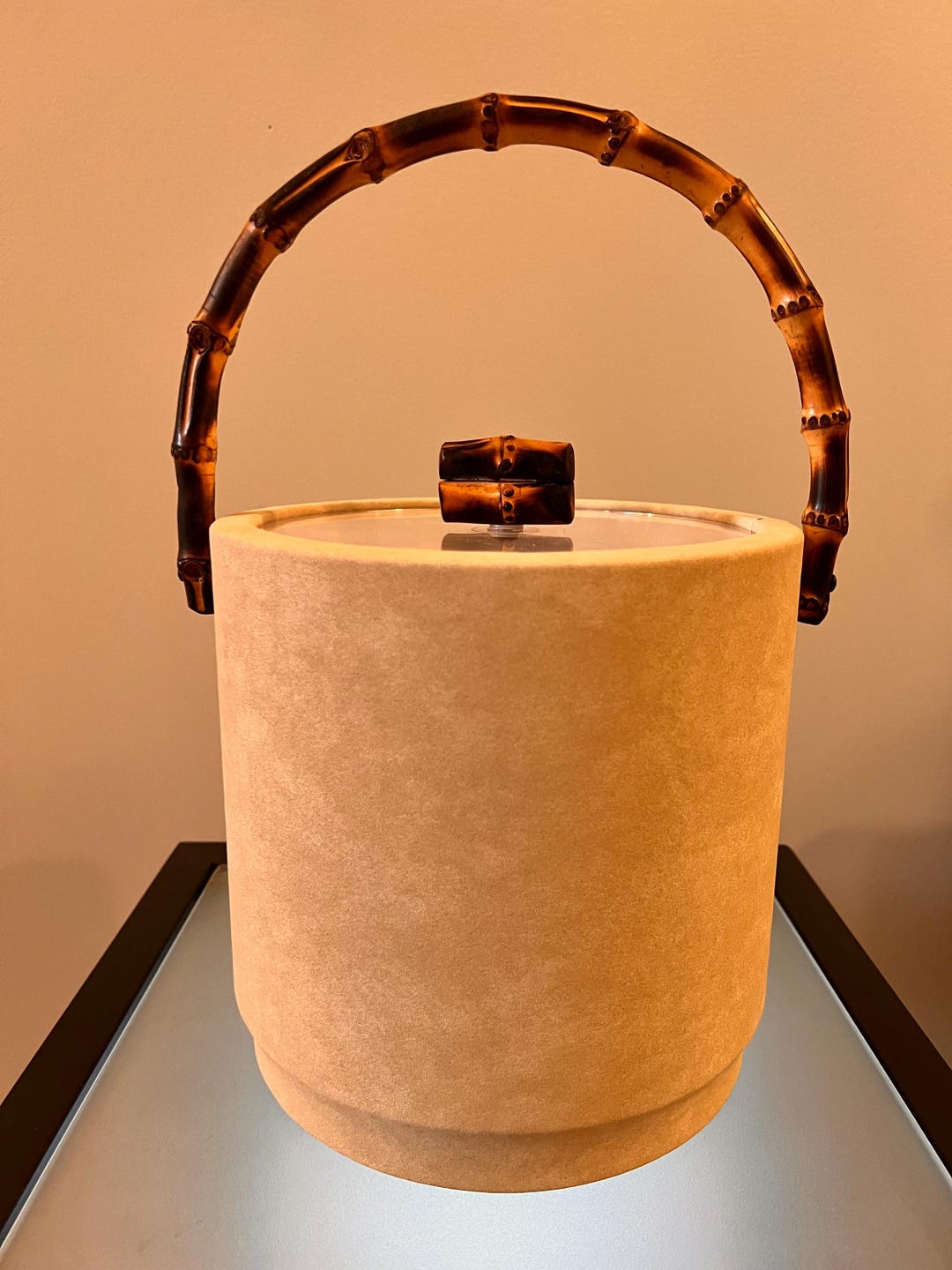 Vintage Beige Leather-look Vinyl Ice Bucket With Faux Bamboo Handle ...