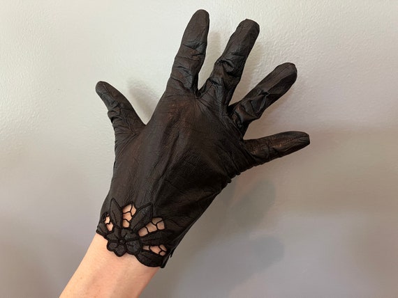Vintage Black Kid Leather Gloves with Cutwork at … - image 1