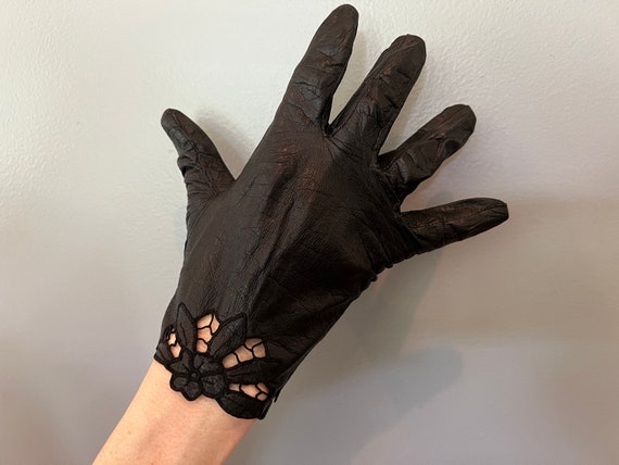 Vintage Black Kid Leather Gloves with Cutwork at … - image 4