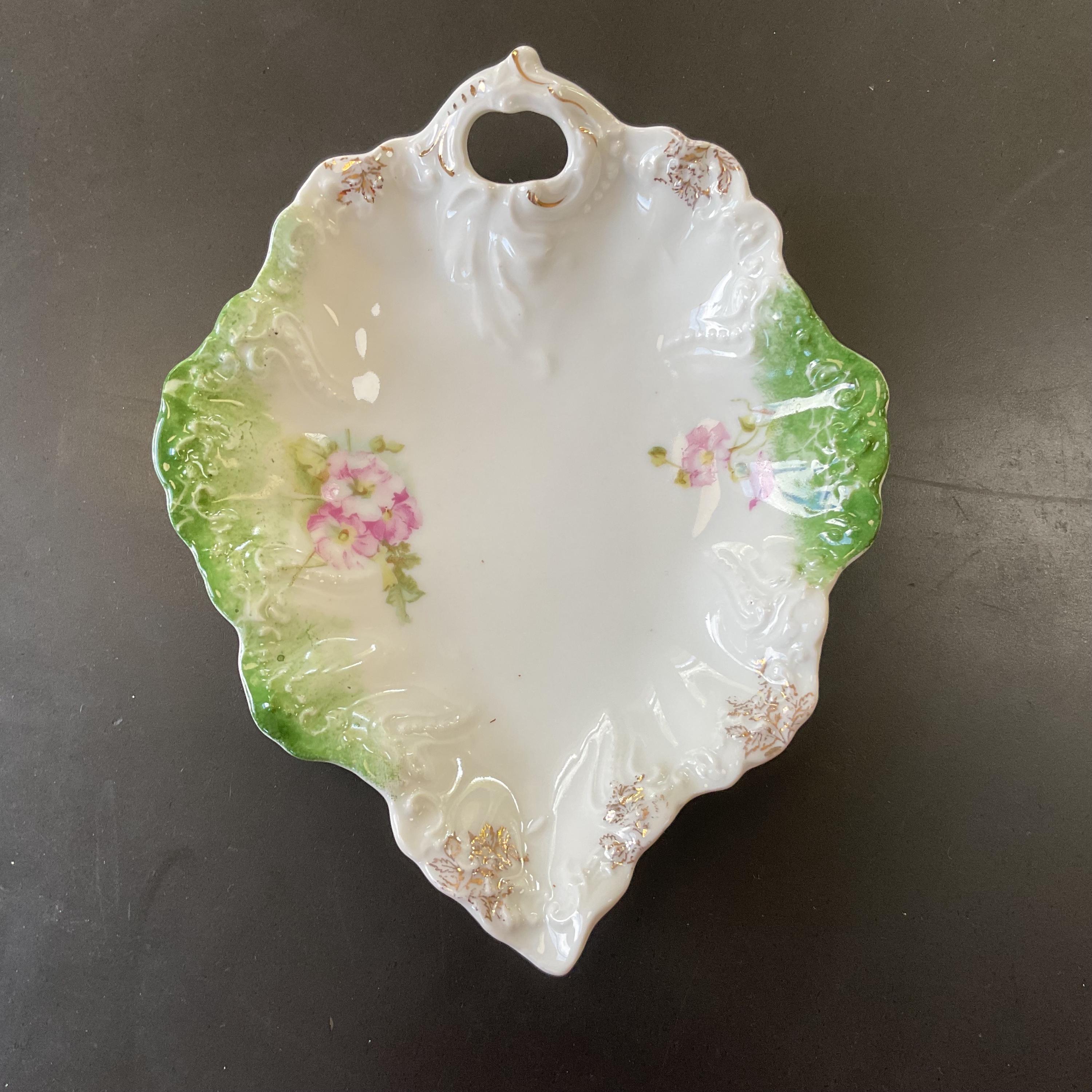 Vintage Weimar Germany Porcelain Leaf Dish, Pink Floral, Gold Trim