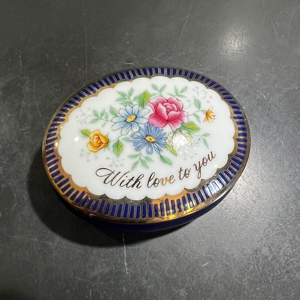 With Love To You Mothers Day 1986 Tiny Floral Trinket Box Cobalt Blue with Gold Trim Vintage Avon Porcelain Jewelry Box