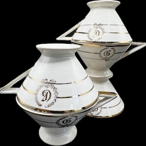 1930s 1940s Salem China Streamline Cups, Five Ivory Cups with Gold-Trim,  5 Monogramed Century Ware Tea or Coffee Cups by Salem China