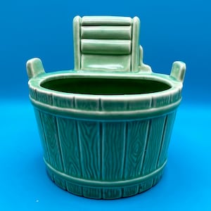 Vintage Pottery Planter, Green Washtub With Wringer Flower Pot, 4.5” Indoor Planter
