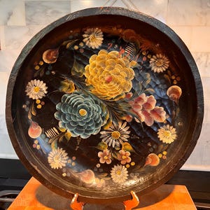 Mexican Floral Hand Painted Wooden Batea, Hand Carved Serving Tray, Decorative Toleware Bowl, Southwest Kitchen Decor