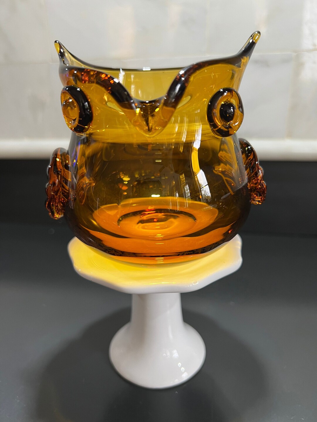 Vintage Amber Glass Owl, Hand Blown Glass Vase, Pitcher or Votive