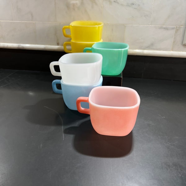 Vintage Glasbake Square Pastel Mugs, 1961 Lipton Soup Bowls Promotional, Set of 6 Glasbake Square Cups for Lipton Soup