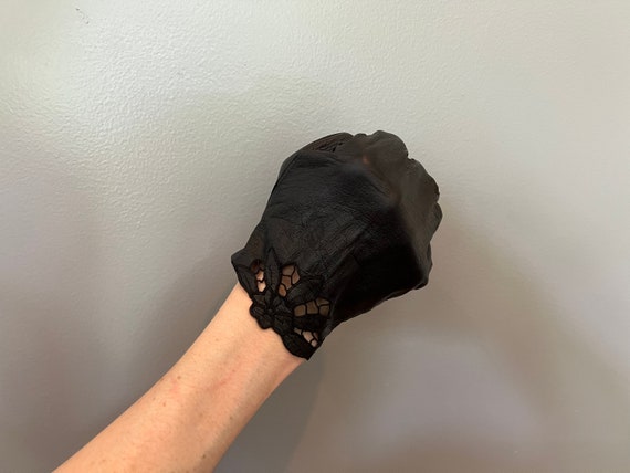 Vintage Black Kid Leather Gloves with Cutwork at … - image 7